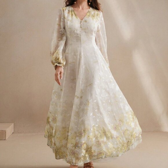 Multicolor Elegant Women's V-Neck Floral Print Sleeve Cottagecore Dress - Picture 5 of 8